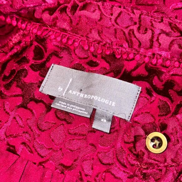 Anthropologie Velvet Jacquard Burnout Blouse Top Womens XS Burgundy Button Front - Picture 4 of 9
